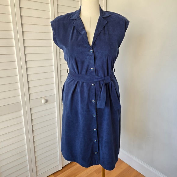 Vtg 90s Navy Faux Suede Button Front Midi Dress Sz L Handmade Minimalist Artisan - Picture 2 of 10
